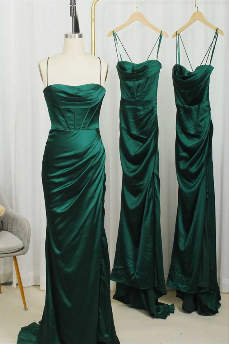 Straps Dark Green Mermaid Long Bridesmaid Dress,Modest Satin Formal Dresses fg7169
