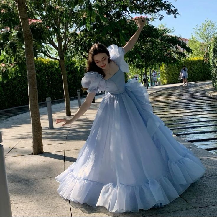 Blue Prom Dresses Short Puff Sleeves Ruffles Prom Party Gowns Princess Formal Dresses fg7221