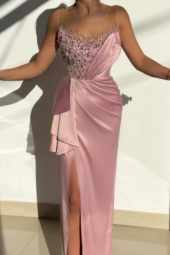 Beautiful Pink Satin Sleeveless Spaghtti Strap Long Split Prom Dress with Beadings | Zelldresses