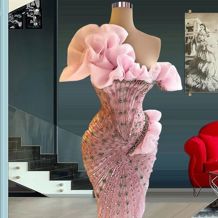 Sparkly Prom Dresses Beaded Crystals Pink Evening Formal Gowns fg7008