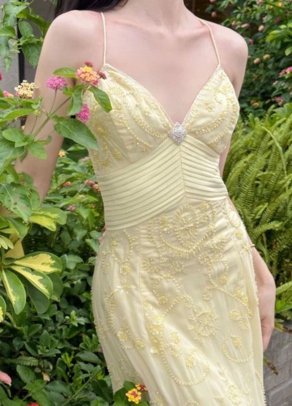 Elegant Mermaid Spaghetti Straps Yellow Chiffon Long Prom Dresses Evening Dress SH2838