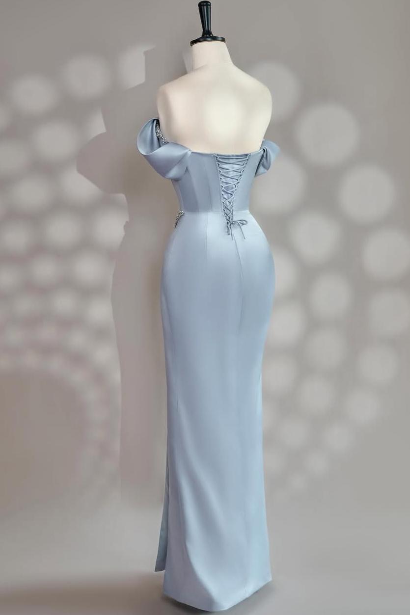 Charming Blue Satin Off the Shoulder Strapless Long Split Prom Dress with Beadings | Zelldresses