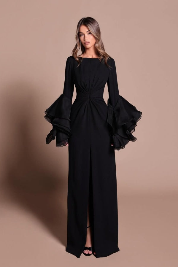Charming Black Scoop Neck Long Ruffles Sleeves Front Split Prom Dress | Zelldresses