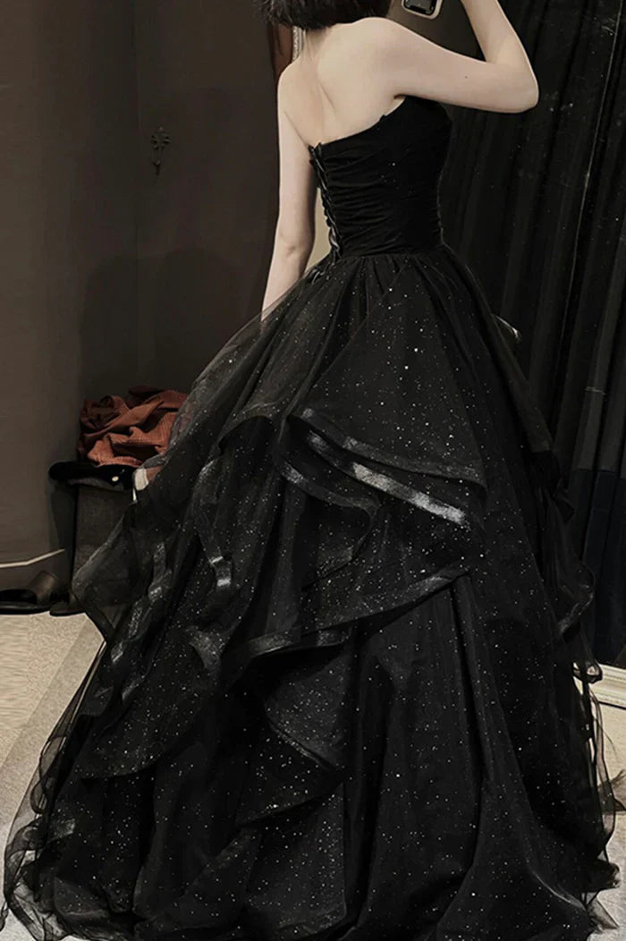 Charming A Line Sweetheart Neck Ruffle Sequin Black Tulle Long Party Dress Evening Dress SH2800