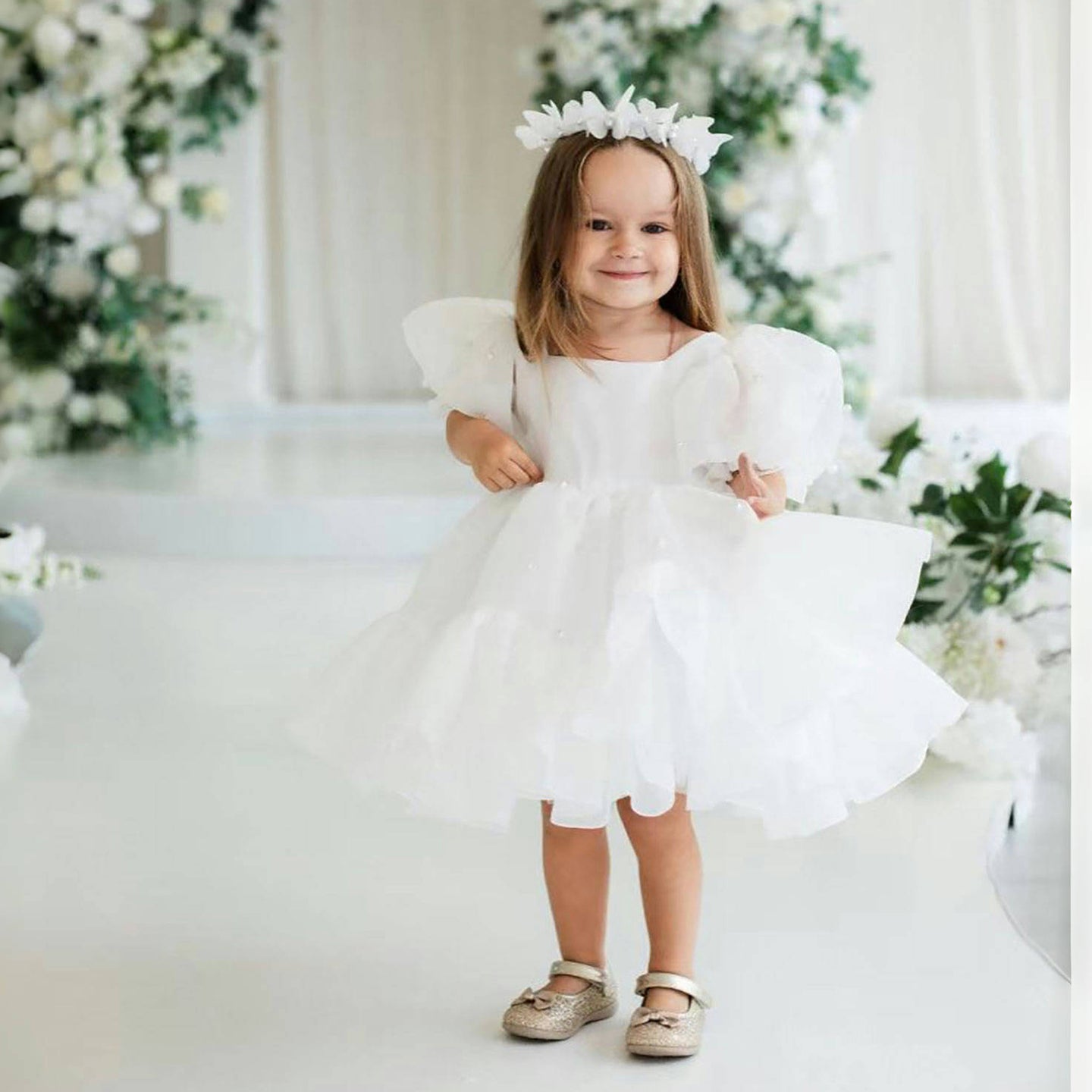 Short Sleeves Bowed Tulle Flower Baby Girl Dress D079