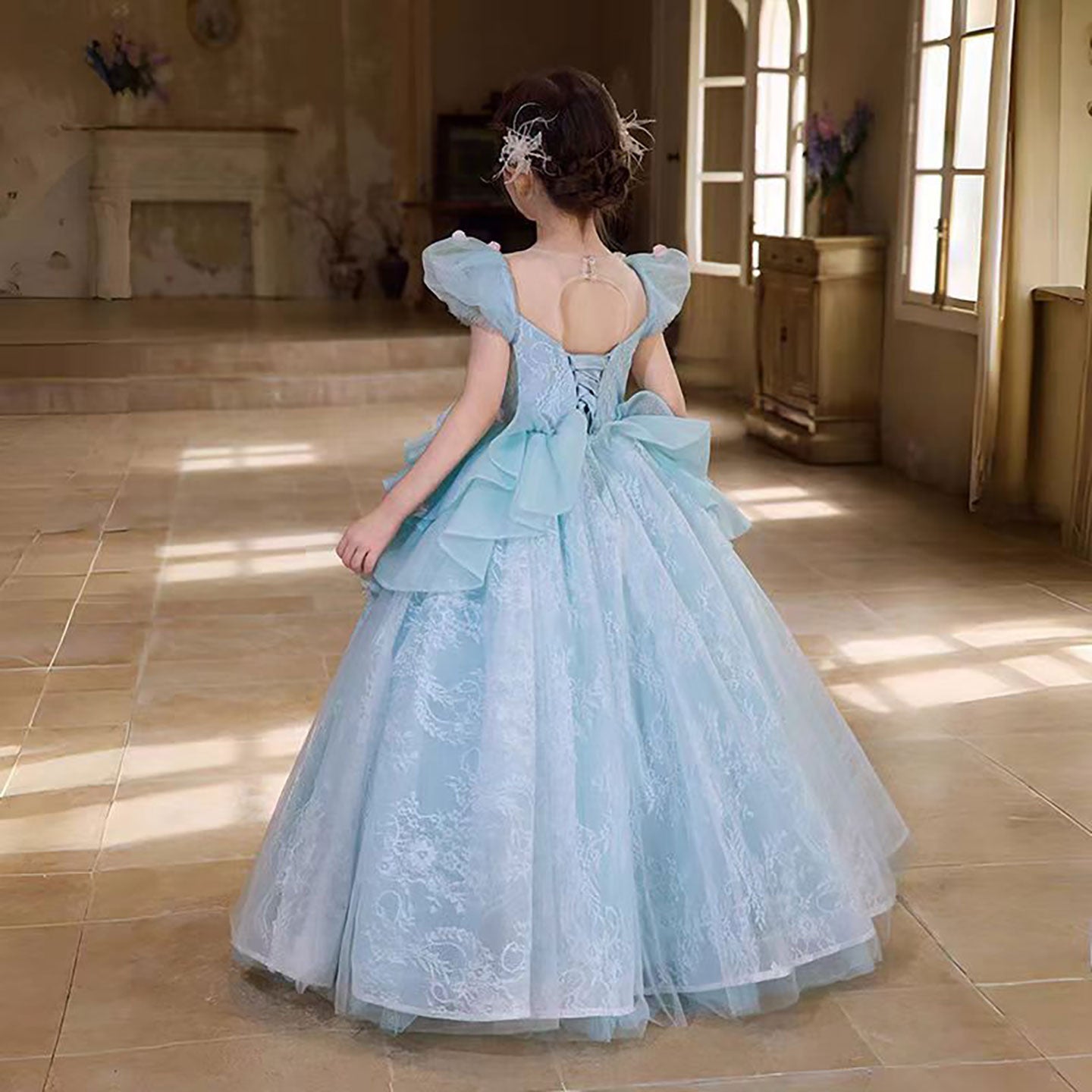 Luxury V-Neck Pink Applique Tulle Flower Girl Dress D321