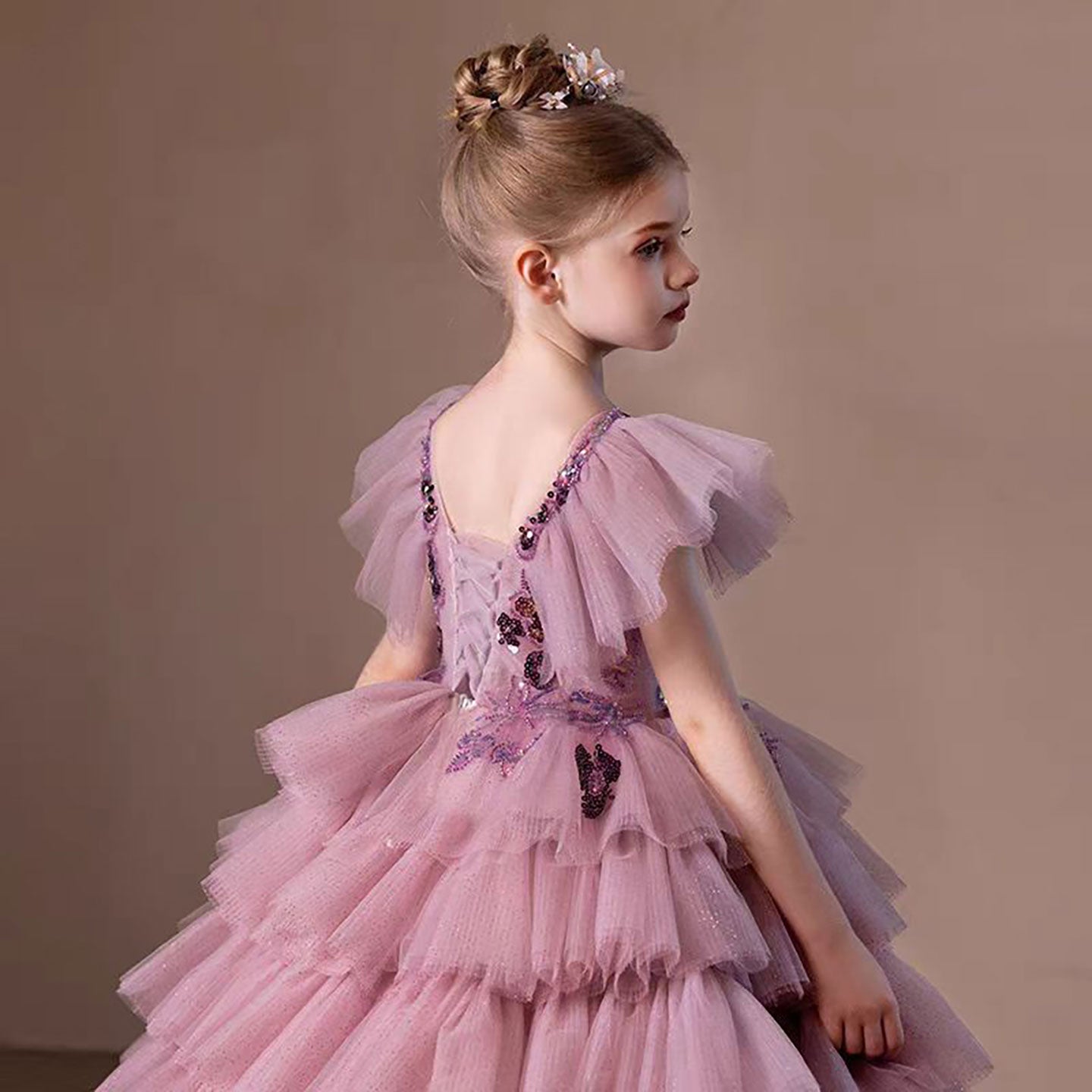 V-Neck Sequined Tiered Tulle Flower Girl Dress Princess D303