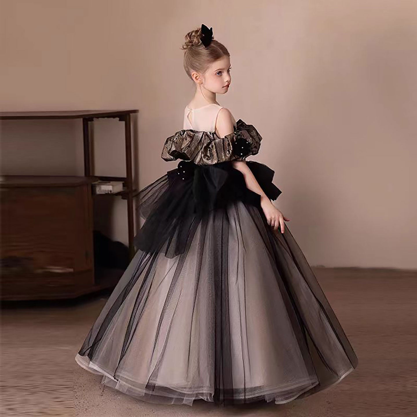 Black and Gold Flower Girl Dress with Beading Ruffles D305