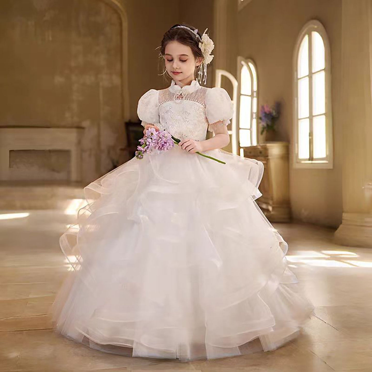 Layered White Flower Girl Dress with 3D Floral Appliqués D315