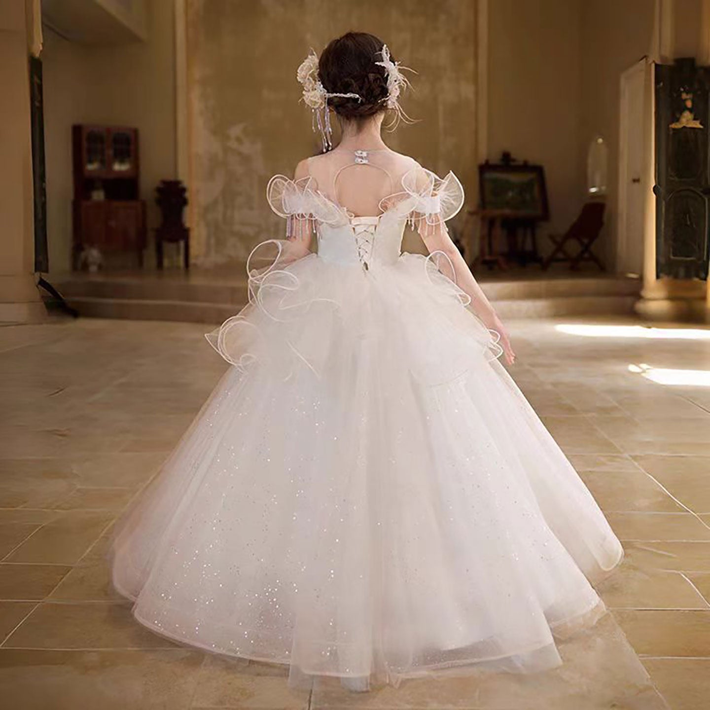 Enchanting White Flower Girl Dress with 3D Floral Embroidery D311