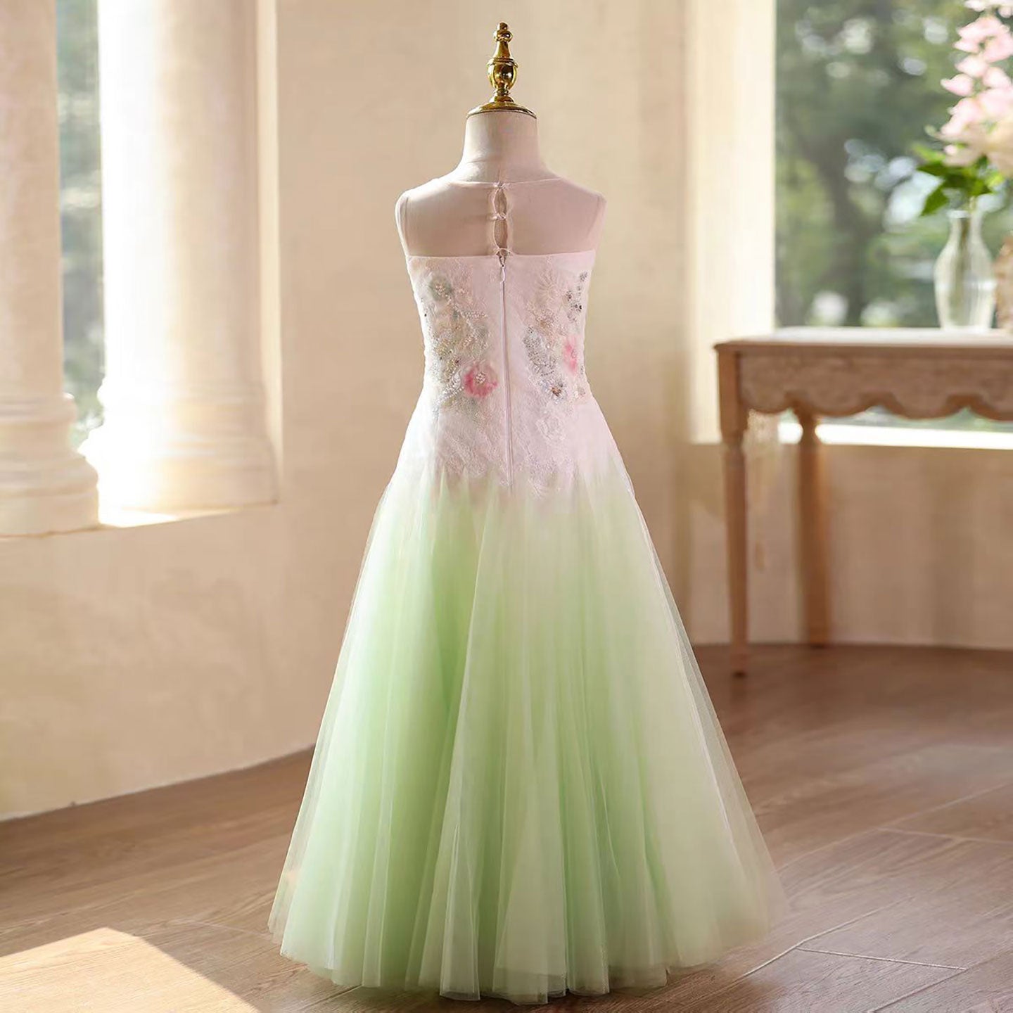 Green Flower Girl Dress with 3D Floral Appliqués Wedding Birthday J579
