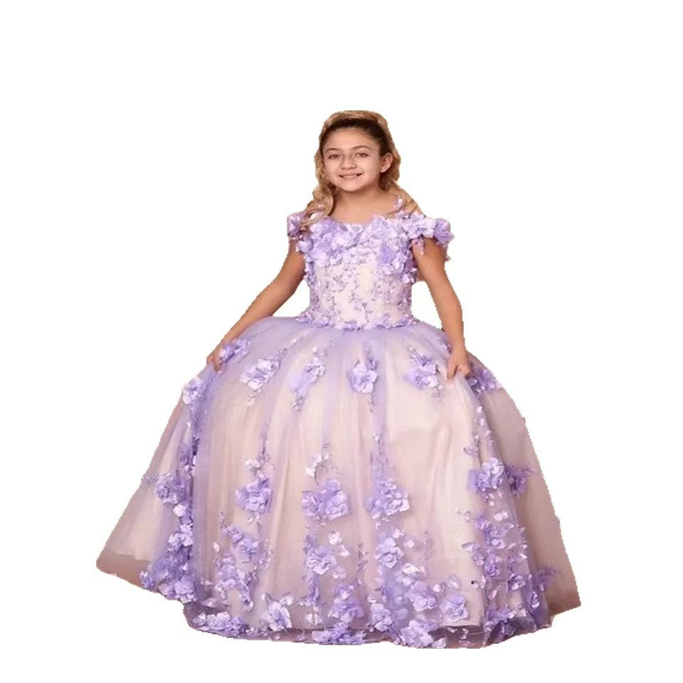 Luxury Lilac Flower Girl Dress for Kids Birthday Party Gown D175
