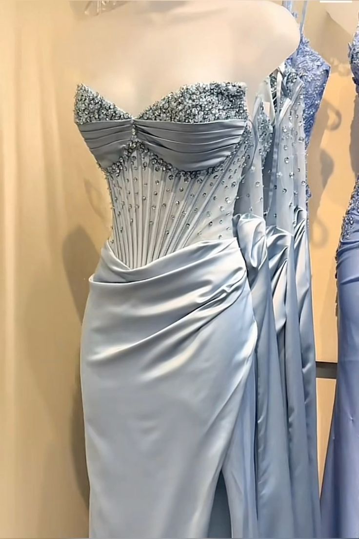 Light Blue Beaded Corset Ruched Formal Dress blue prom dress fg7488