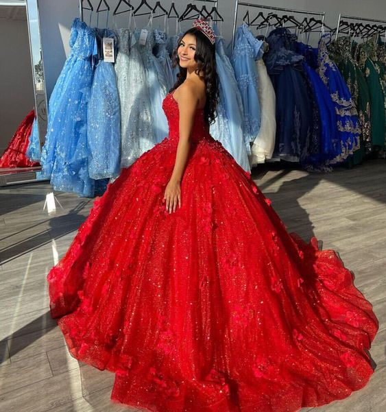 3D Flowers Red Quinceanera Dresses Glitter Sequins Sweet 15 Prom Party Ball Gown fg6664