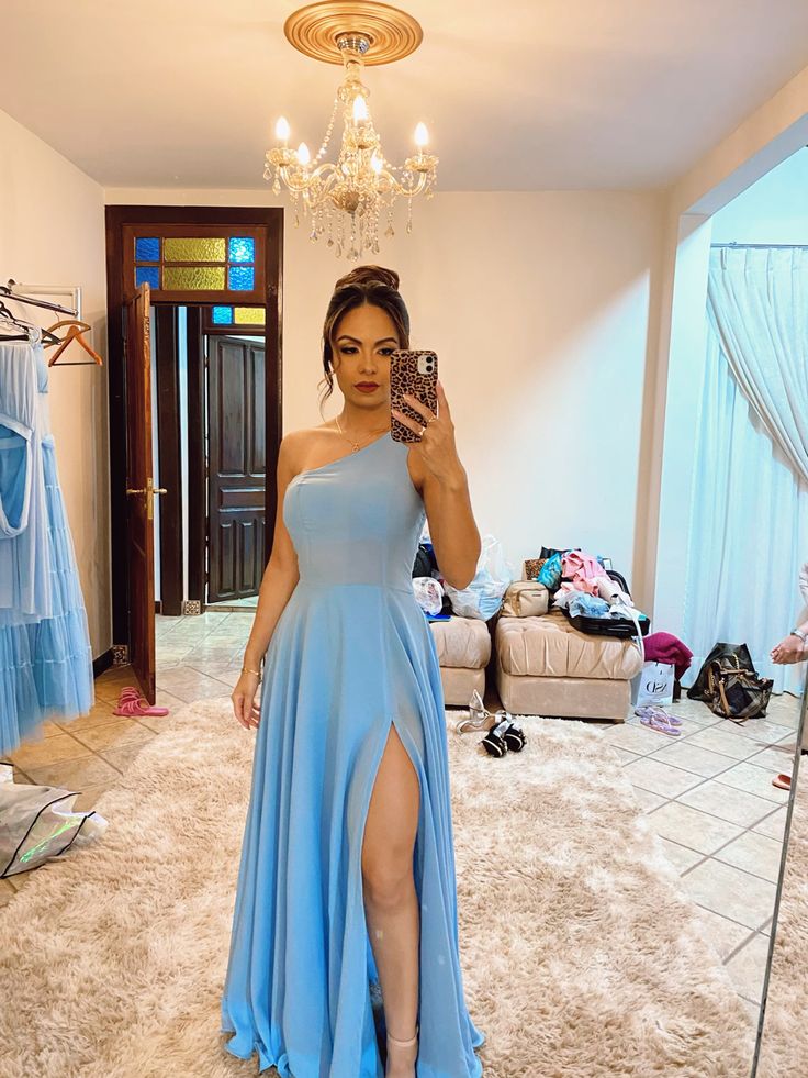 Elegant One Shoulder Blue Prom Dress With Slit,Blue Bridesmaid Dress fg6602