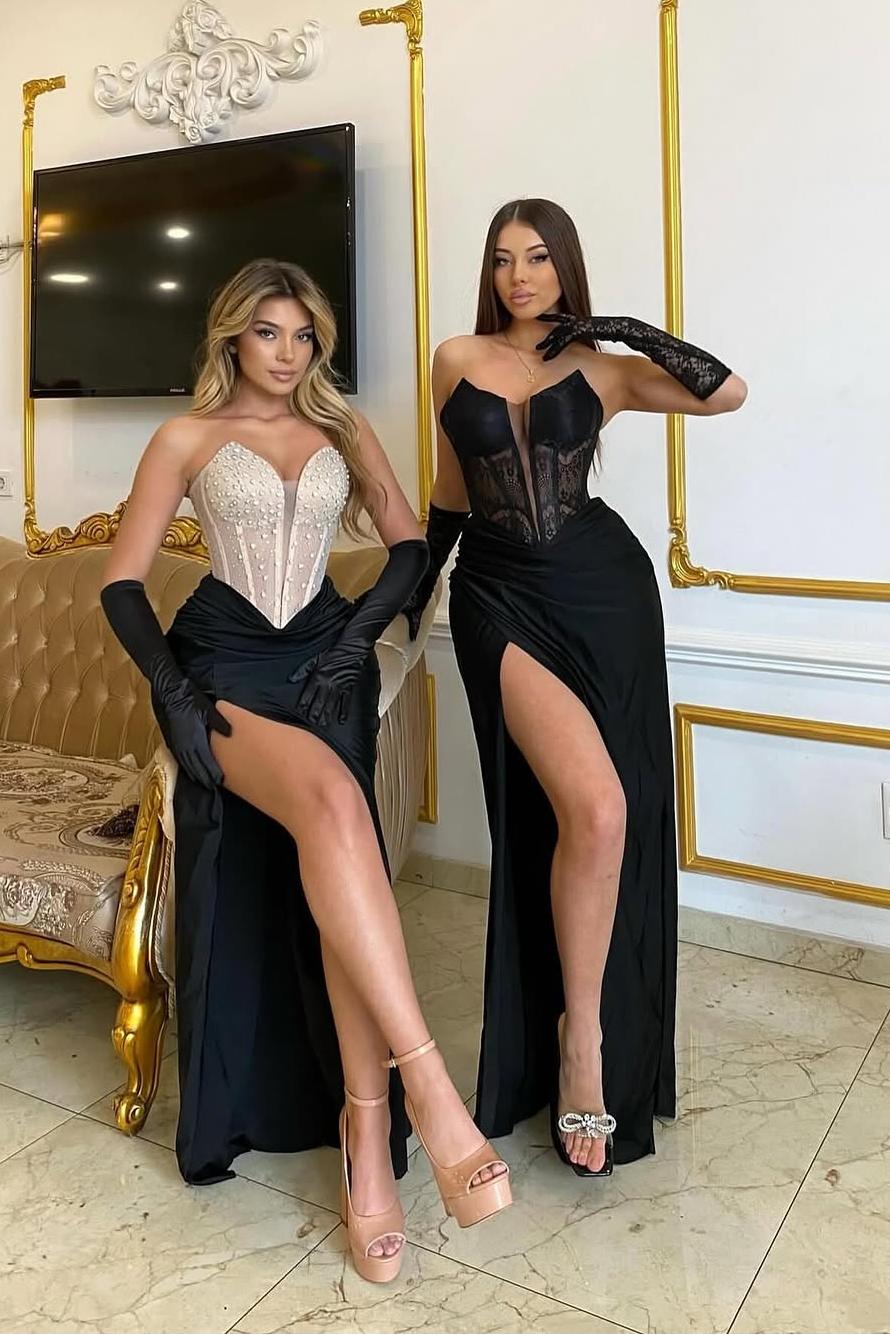 Exquiste Black Satin Sleeveless Strapless Lace Long Split Prom Dress with Gloves | Zelldresses
