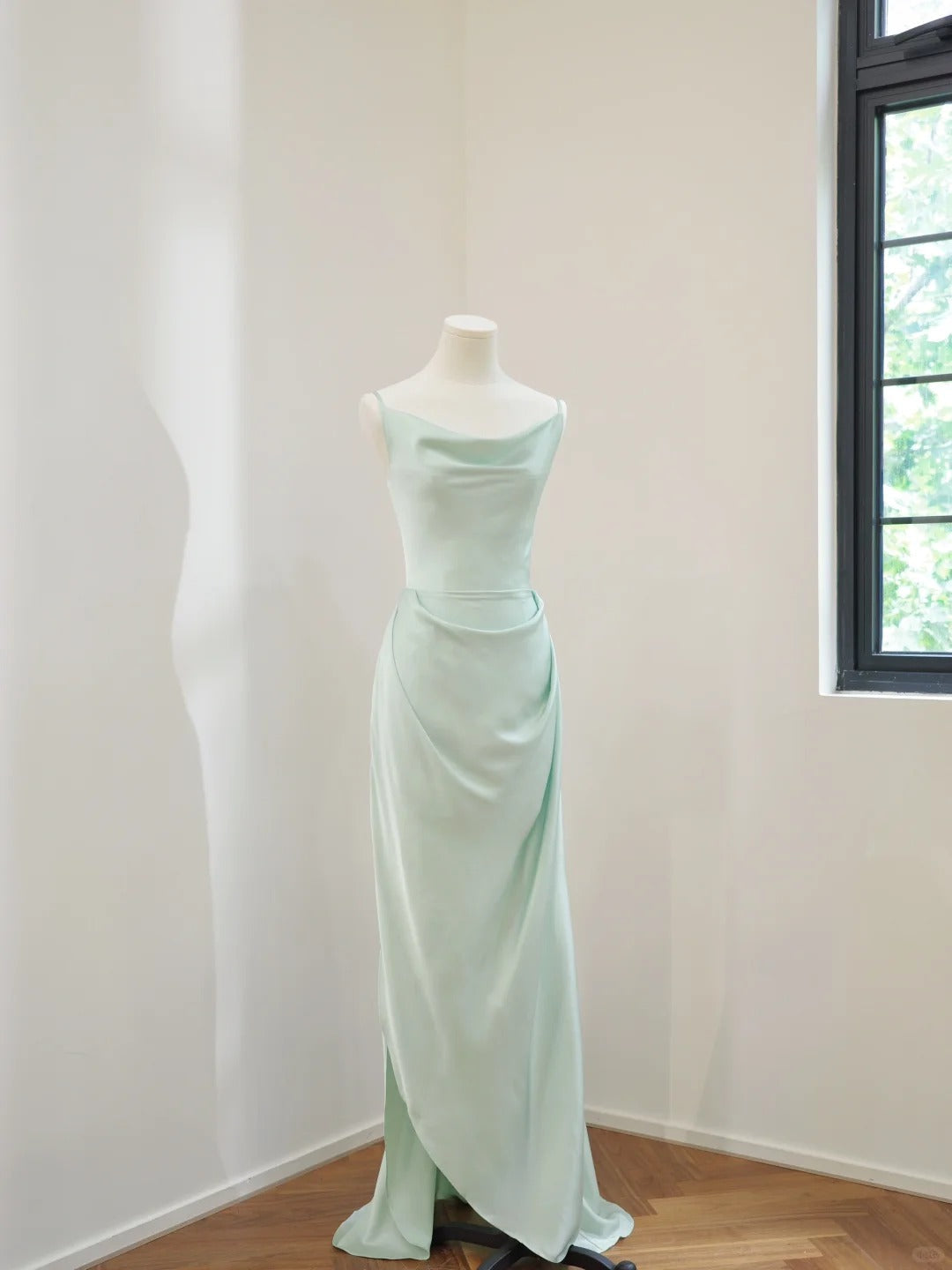 zelldressess-Mint Green Simple Fashion Spaghetti Strap Long Satin Ball Gown Evening Dress Party Dress Bridesmaid Dresses gh5056