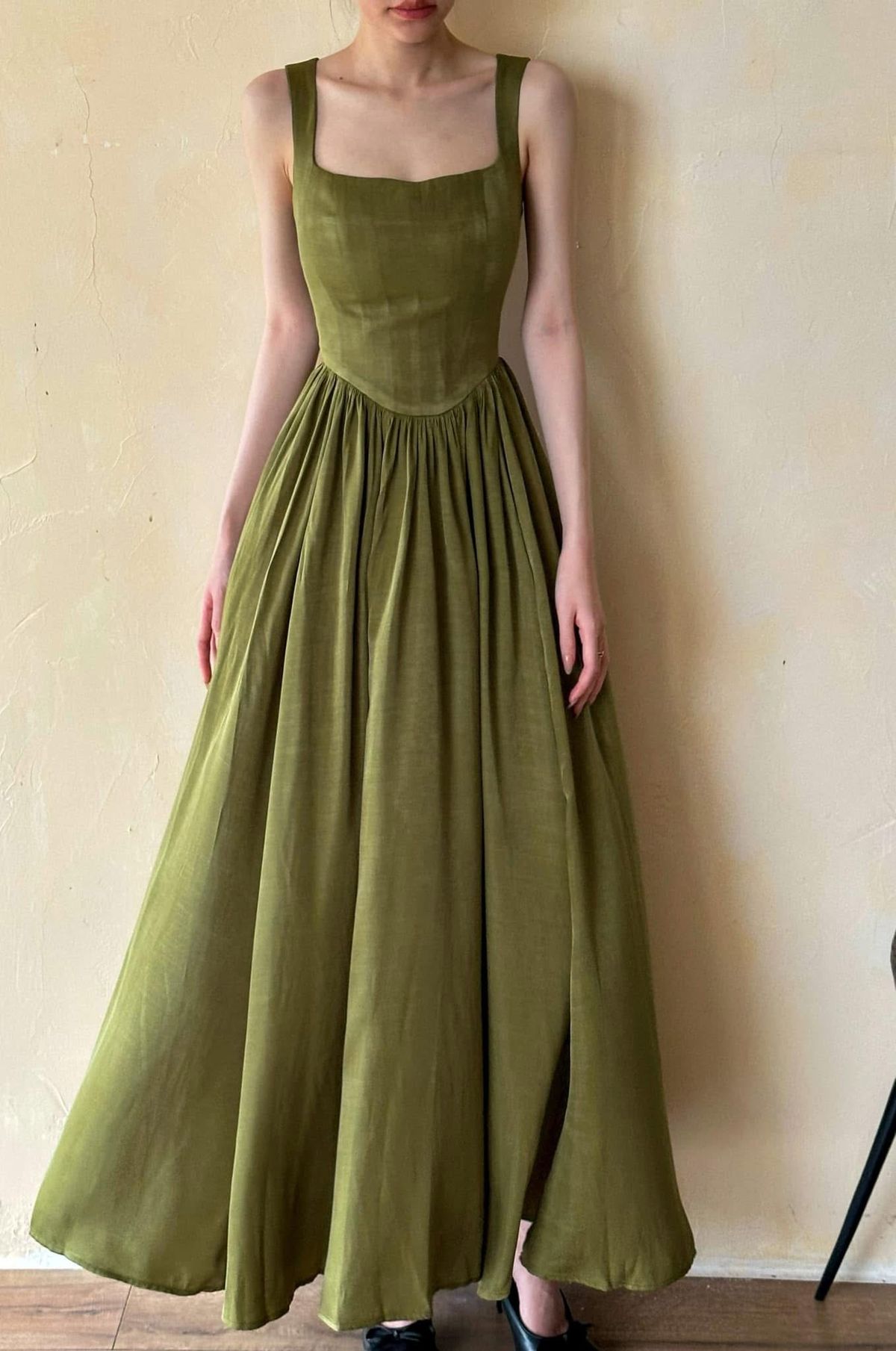 zelldressess--Custom green spaghetti strap simple long bridesmaid dress gh5709
