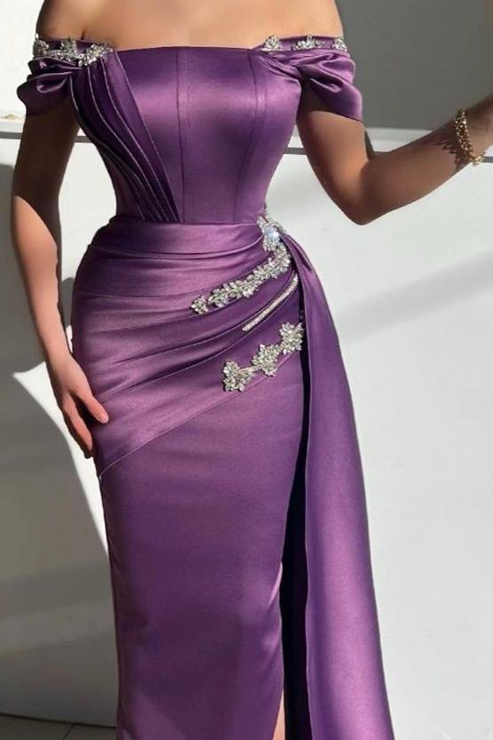 Amazing Purple Satin Off the Shoulder Strapless Long Split Prom Dress with Rhinestone | Zelldresses