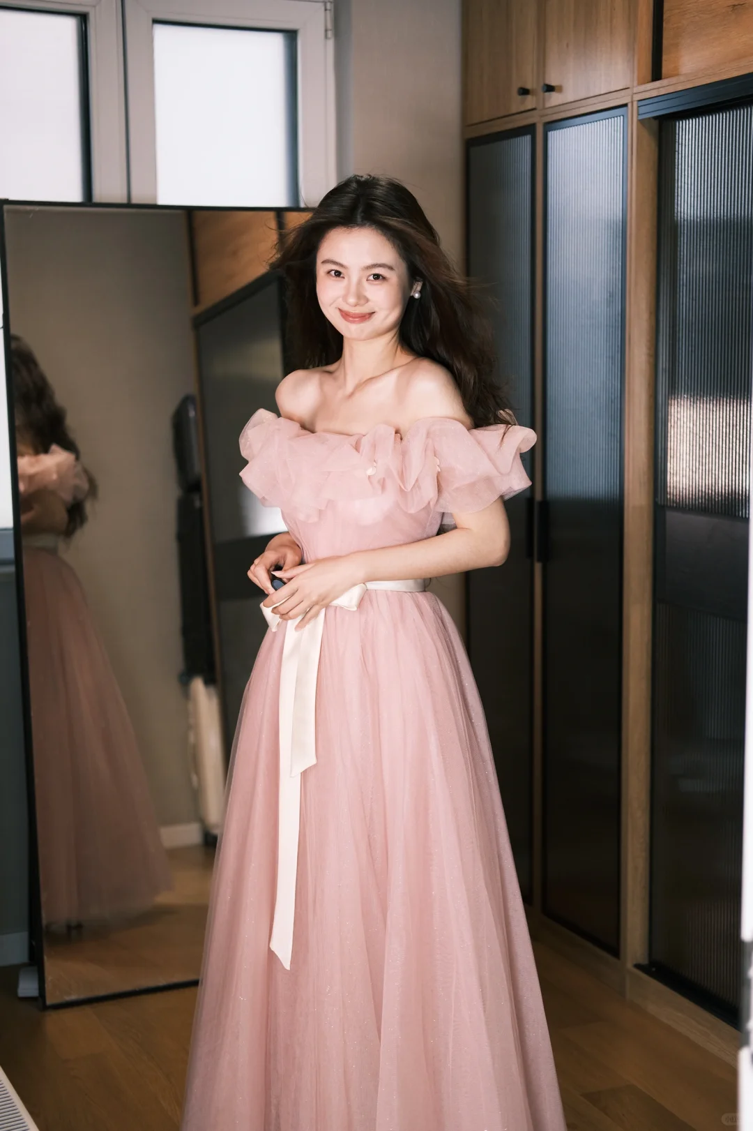 Elegant A Line Off the Shoulder Pink Tulle Long Party Dress Wedding Guest Dress SH2928