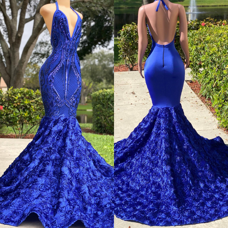 Royal Blue Prom Dress Halter Deep V Neck Open Back Mermaid Sleeveless Gown YL0109