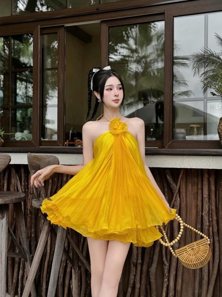 Cute A Line Halter Pleated Flower Yellow Chiffon Short Homecoming Dress Outfits SH2888