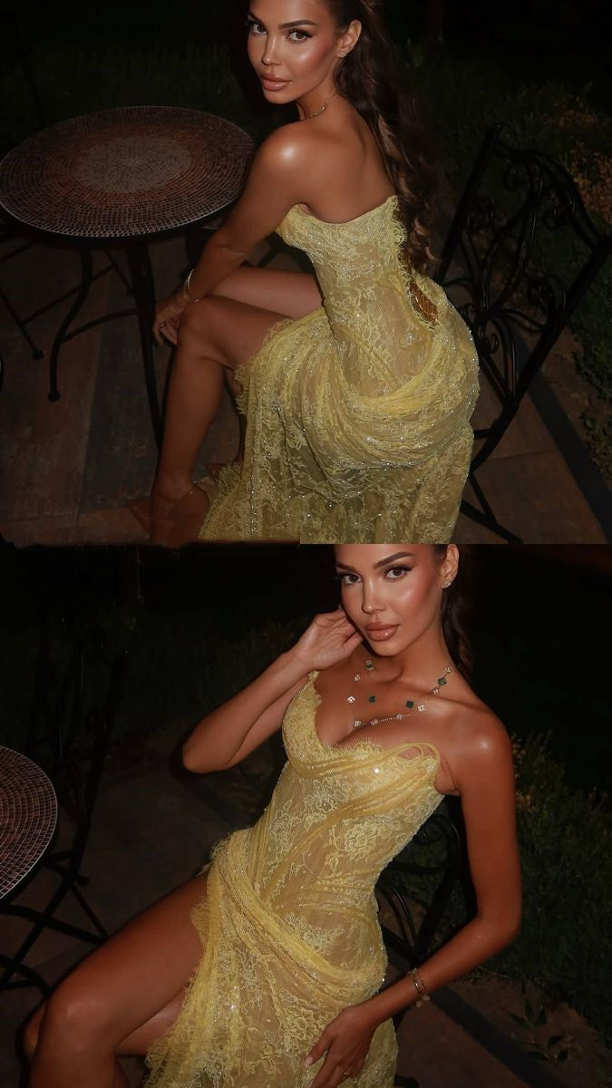 Mermaid Sweetheart Yellow Lace Slit Prom Dresses Long Party Dress fg8353