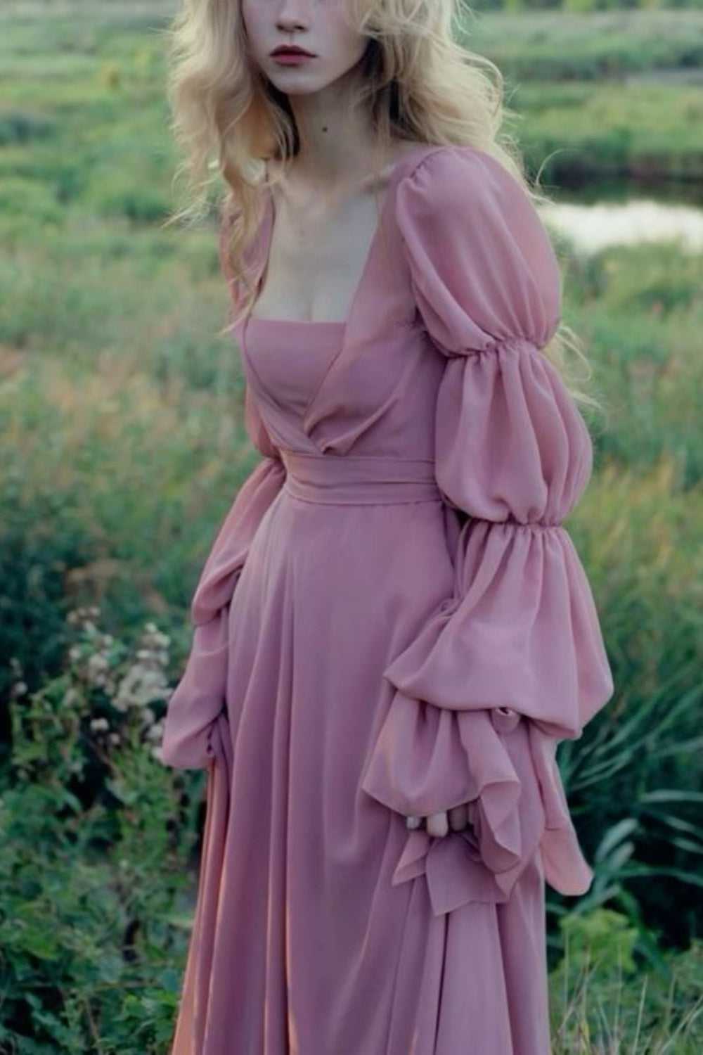 zelldressess-Vintage elegant long sleeve A-line pink chiffon formal prom dress prom dress gh5751