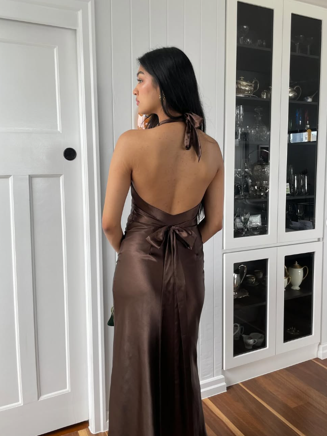 Simple A Line Halter Brown Satin Open Back Evening Dress Party Dress SH2689