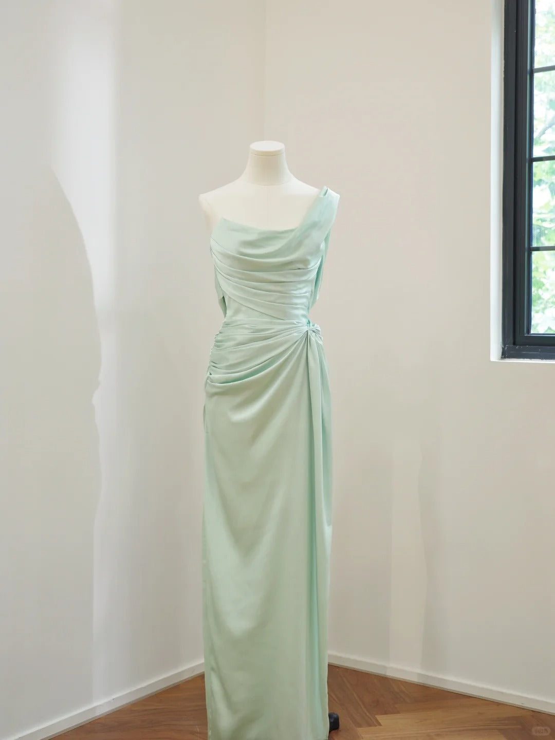 zelldressess-Mint Green Simple Fashion One Shoulder Off Shoulder Long Satin Prom Dress Evening Dress Party Dress Bridesmaid Dress gh5058