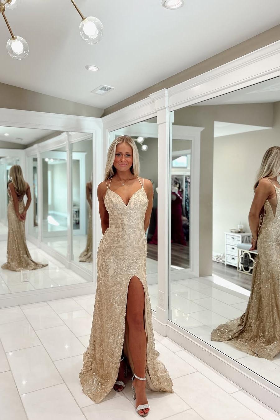 Beautiful Gold Sleeveless Spaghetti Strap V Neck Long Split Prom Dress with Applique | Zelldresses