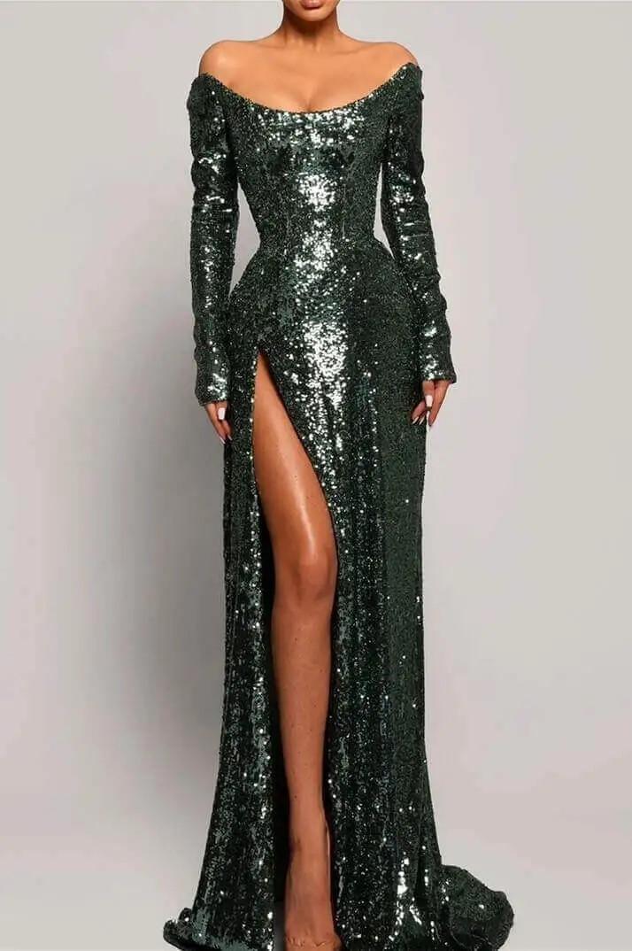 Exquiste Dark Green Sequins Strapless Long Sleeves Long Split Prom Dress with Pleated | Zelldresses