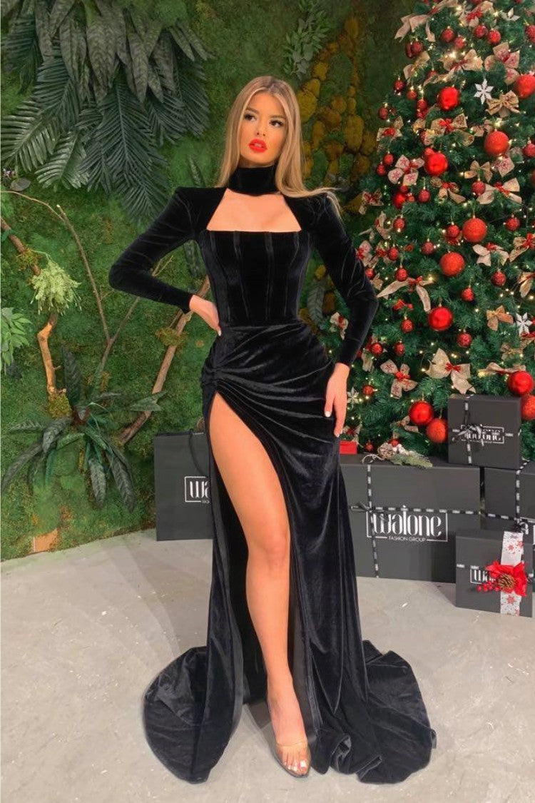 Black Prom Dress Velvet Long Sleeves With High Slit Halter YL0275