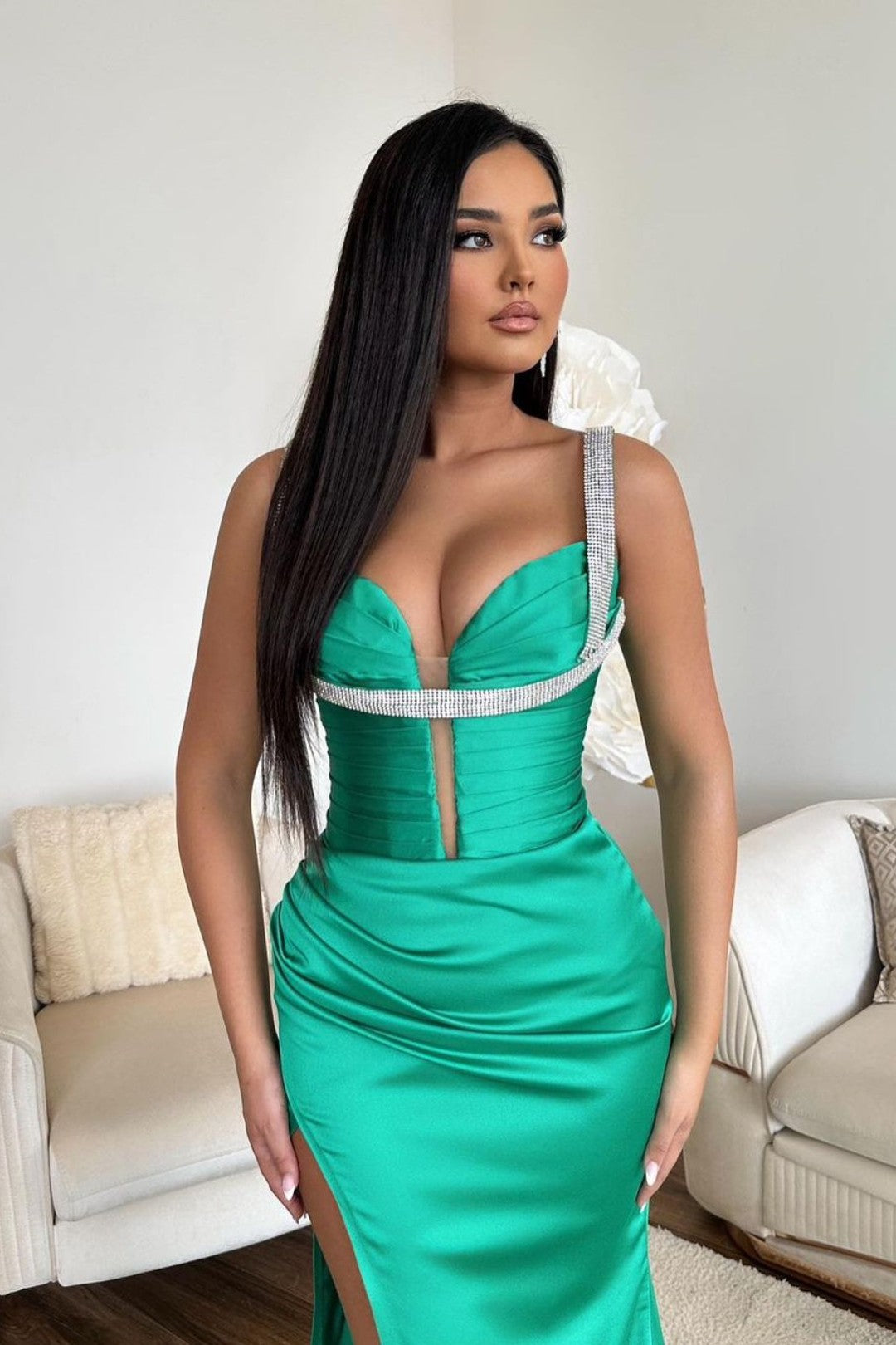 Green Prom Dress Sleeveless Spaghetti Strap Mermaid With High Slit V Neck YL0313