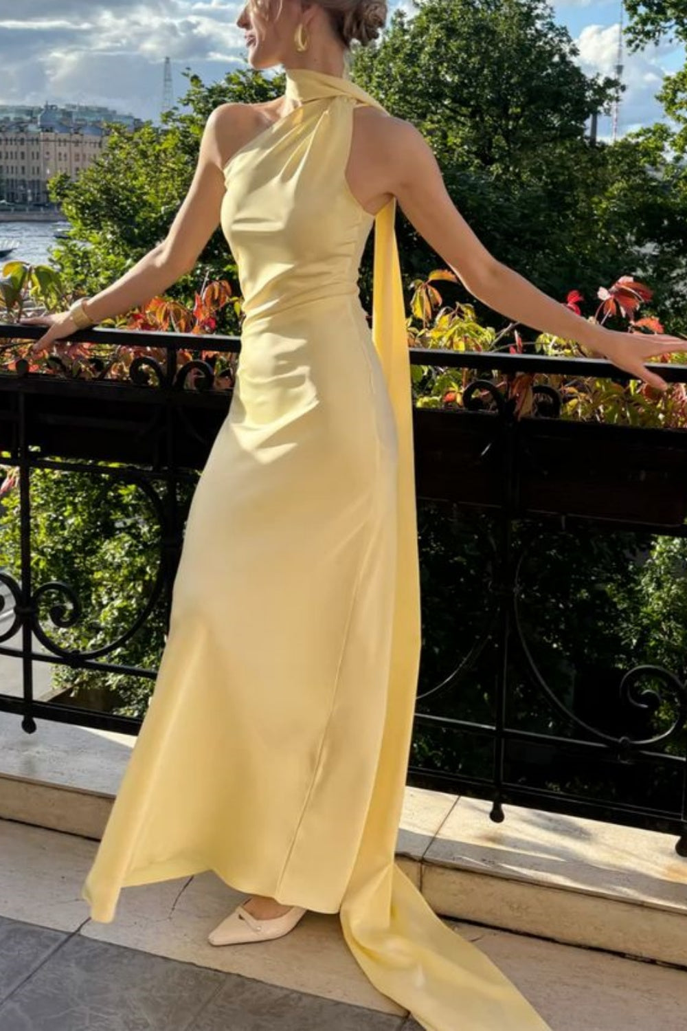 zelldressess-Yellow Elegant Simple Long Chiffon Satin Bridesmaid Dress gh5955
