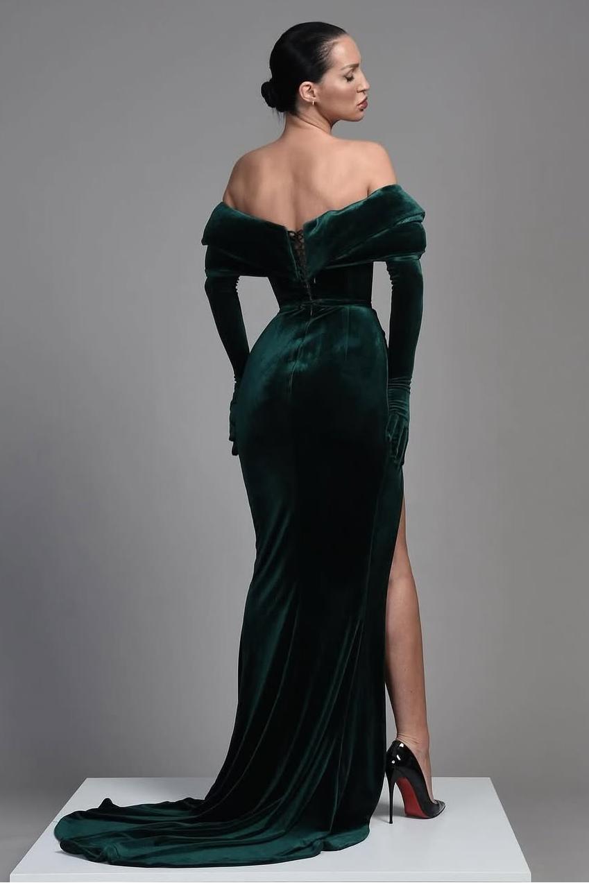 Charming Dark Green Velvet Off the Shoulder Long Sleeves Split Prom Dress with Beadings | Zelldresses