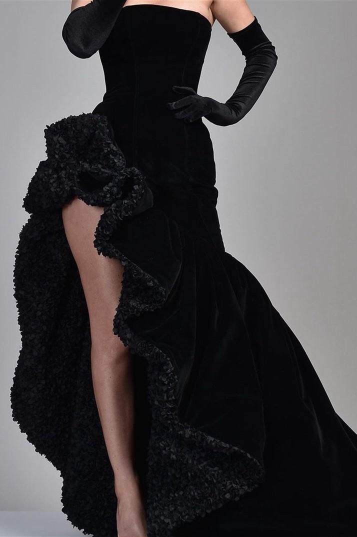 Chic Black Heavy Velvet Sleeveless Strapless Mermaid Split Prom Dress with Gloves | Zelldresses