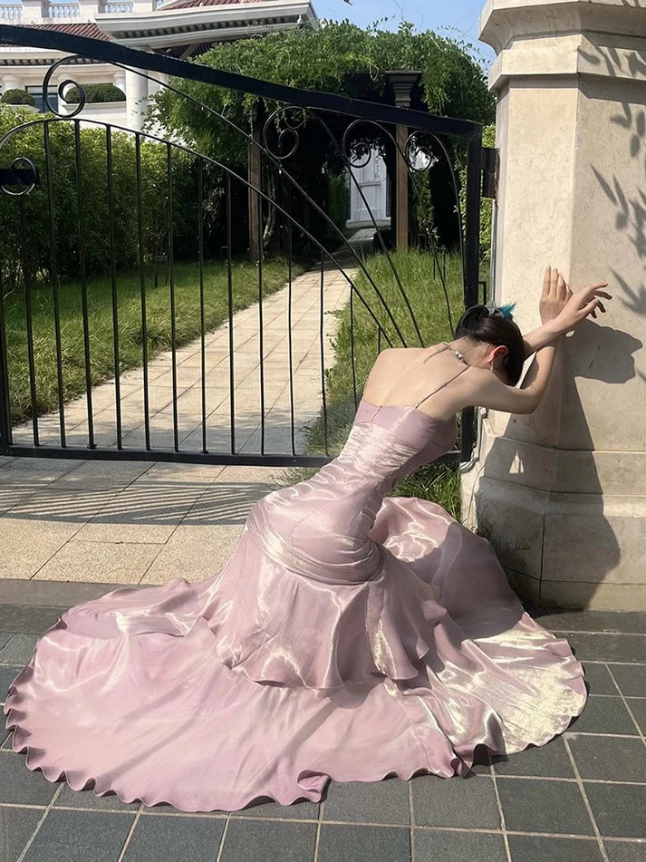 Gentle Mermaid Spaghetti Straps Tiered Pleated Purple Satin Evening Dress Party Dress SH2810