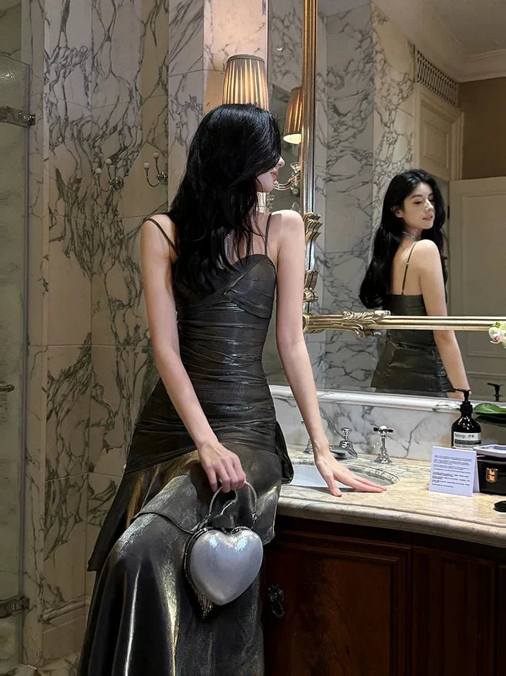 Gentle Mermaid Spaghetti Straps Tiered Pleated Green Satin Evening Dress Party Dress SH2809