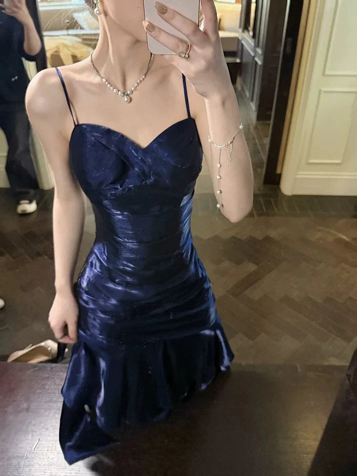 Gentle Mermaid Spaghetti Straps Tiered Pleated Dark Blue Satin Evening Dress Party Dress SH2808