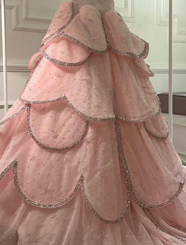 Pink A Line Strapless Tiered Beaded Tulle Party Dress Evening Dress Ball Gown SH2819