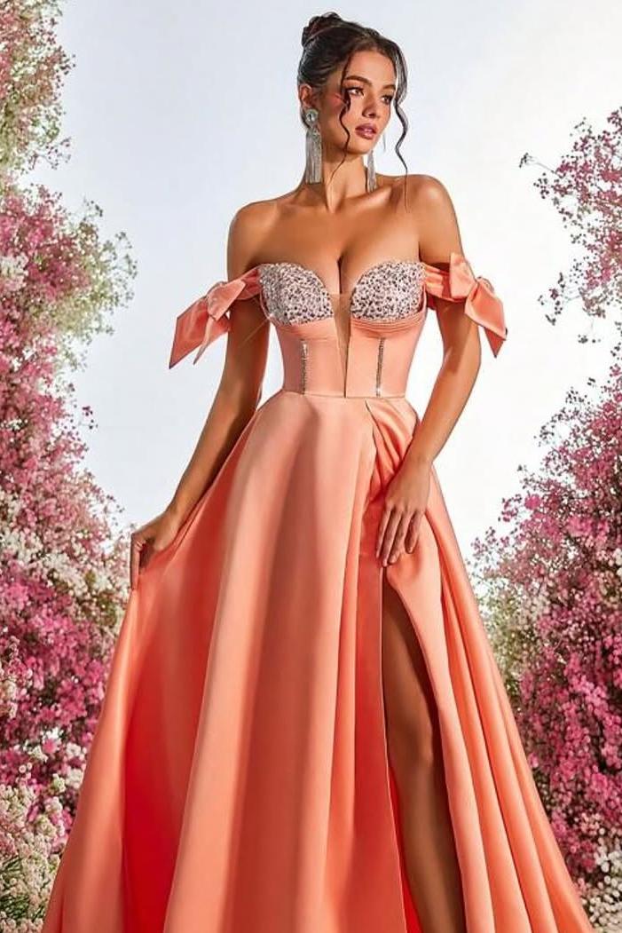 Elegant Coral Satin Strapless Off the Shoulder Long Split Prom Dress with Beadings | Zelldresses