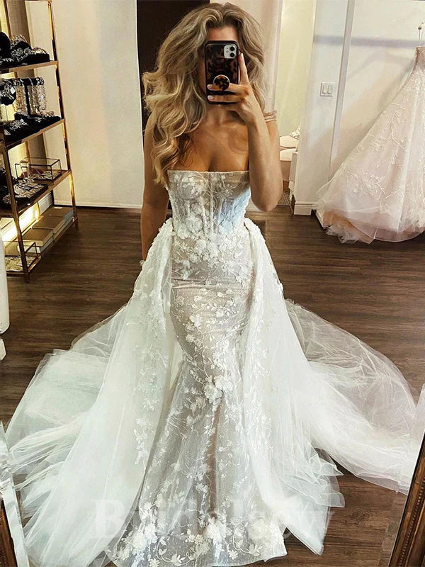 Charming Strapless Mermaid Princess Beach Vintage Long Wedding Dresses, Bridal Gown fg6958