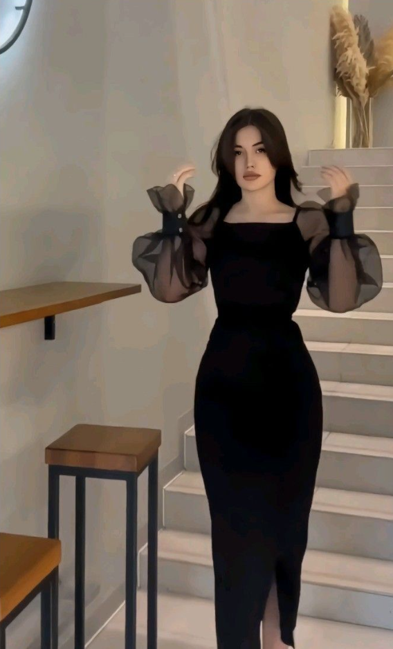 Charming Black Square Neck Long Sleeves Side Split Prom Dress fg6845