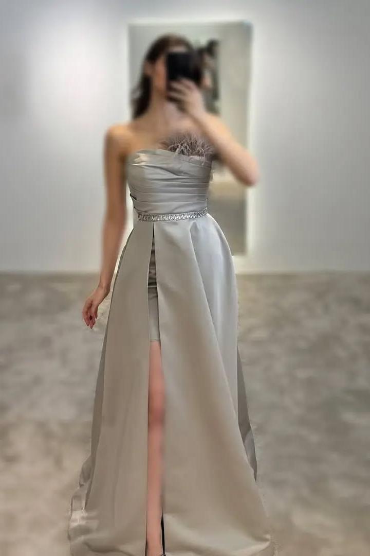 Beautiful Black Satin Sleeveless Strapless Long Split Prom Dress with Feathers | Zelldresses