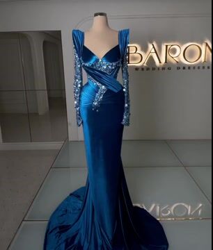 Royal Blue Prom Dress Long Sleeves Mermaid Charmeuse Beadings YL0273