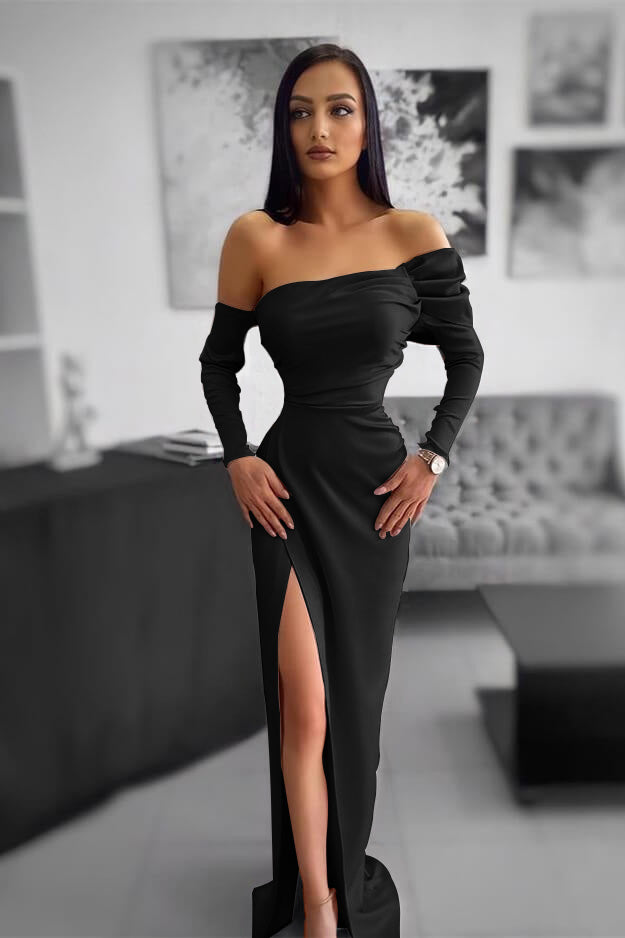 Elegant Lotus Root Pink Prom Dress Half-Sleeves Strapless Pleated with Slit ED0572