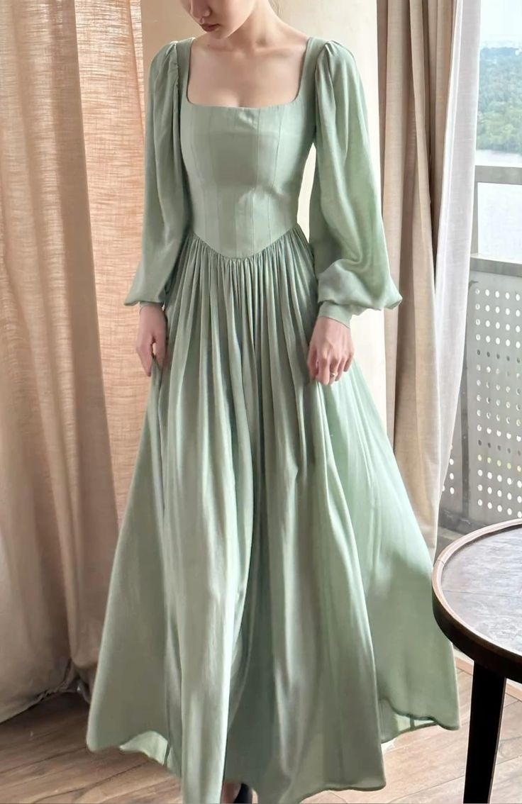 zelldressess-bridesmaid dresses Light green retro, elegant, flowing A-line long-sleeved chiffon prom dress gh5756
