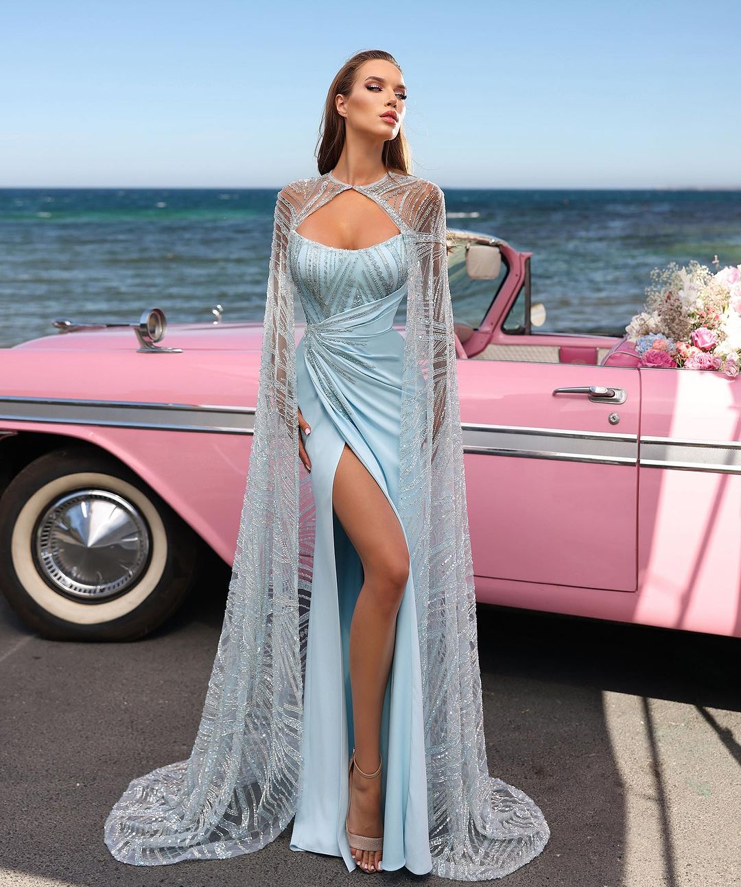Baby Blue Prom Dress Long Sequins Strapless With High Slit YL0272