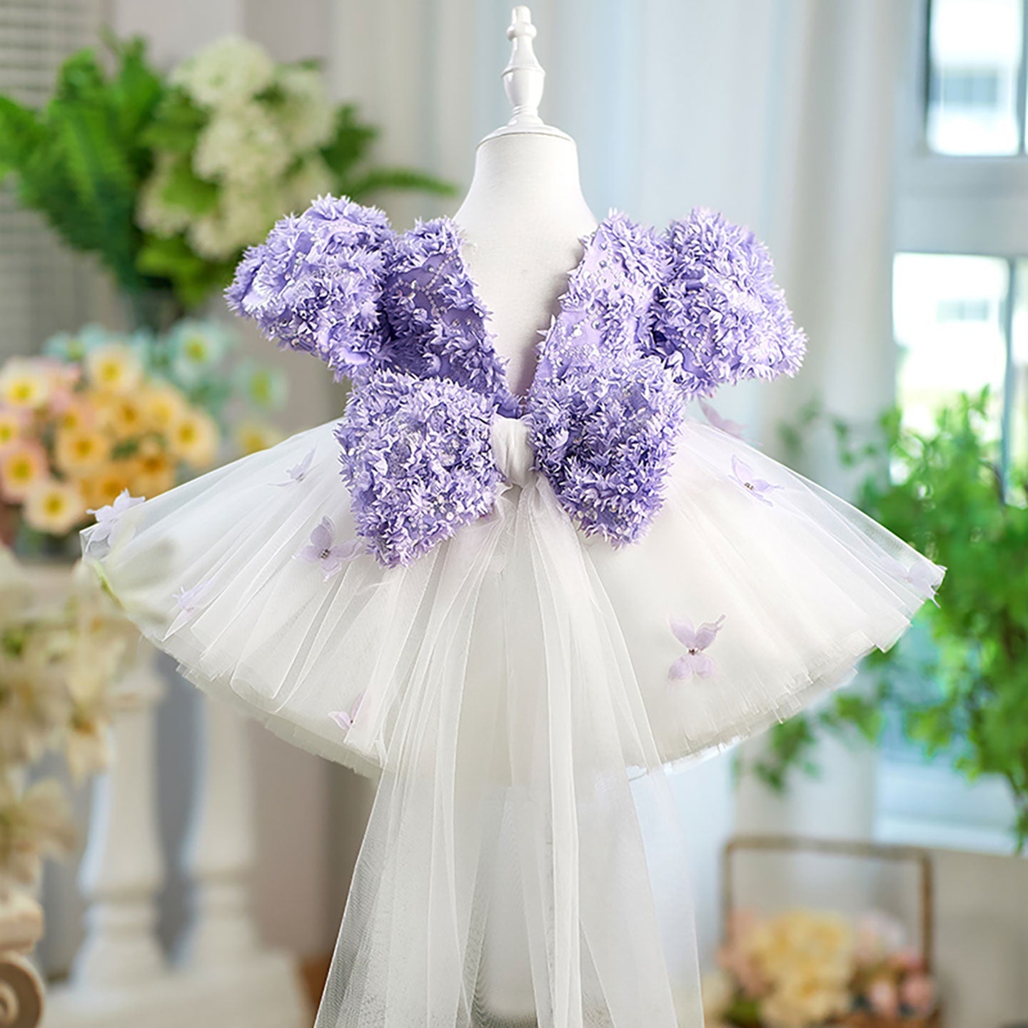 Butterfly Tulle Bowed Flower Girl Dress Knee-Length J554